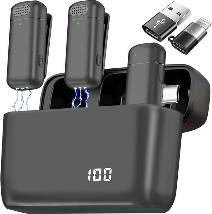 2 Pcs 3 in 1 Wireless Lavalier Microphones for iPhone iPad USB C Android Laptop with Charging Case, Clip on Lapel Mic Plug-Play Cordless Mini Mic for Video Recording Vlogging, YouTube, Interview