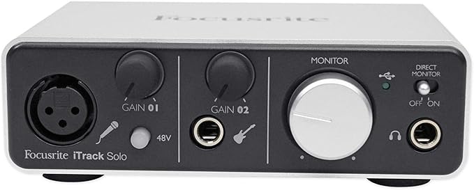 Focusrite iTrack Solo Audio Interface for Mac, PC, and iPad – USB Audio Interface for Recording, Streaming, and Podcasting with XLR, Line-in, and Professional Software included