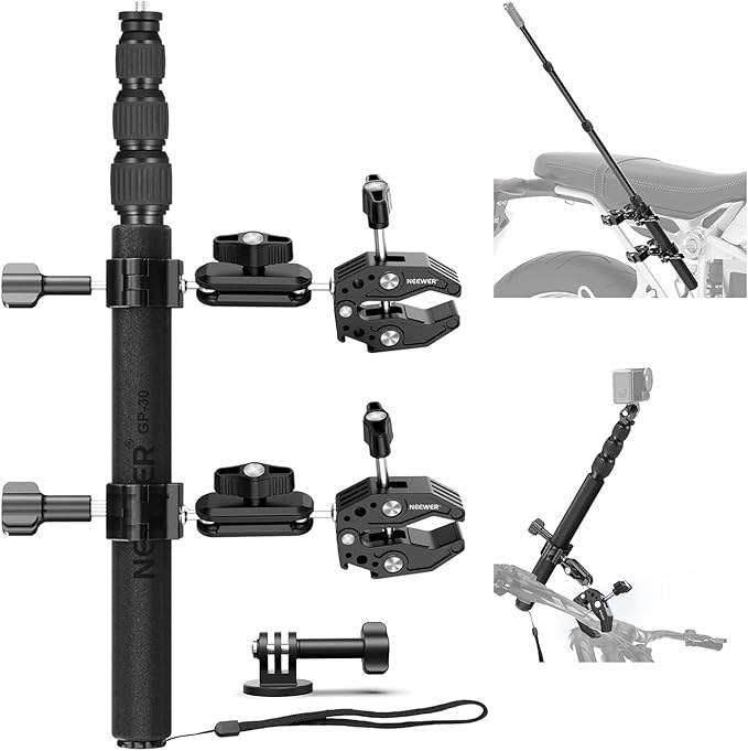 NEEWER Motorcycle Mount Accessories Kit Compatible with GoPro Insta360 DJI, Bike Tail Handlebar Invisible Selfie Stick Double Clamp Holder with Action Camera Adapter for POV Video Recording, GP-30