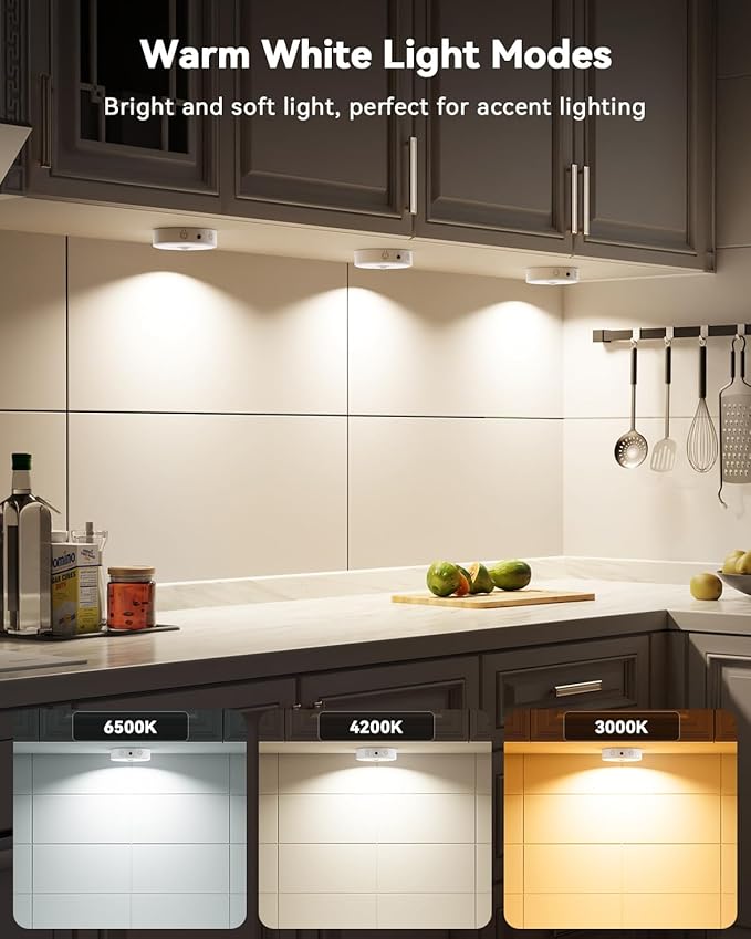 Puck Lights with Remote Control, Rechargeable Under Cabinet Lighting, 3 Color Temps, 12 RGB Color LED Motion Sensor Lights Wireless, Dimmable Tap Lights for Closet, Kitchen, Shelf, Stair
