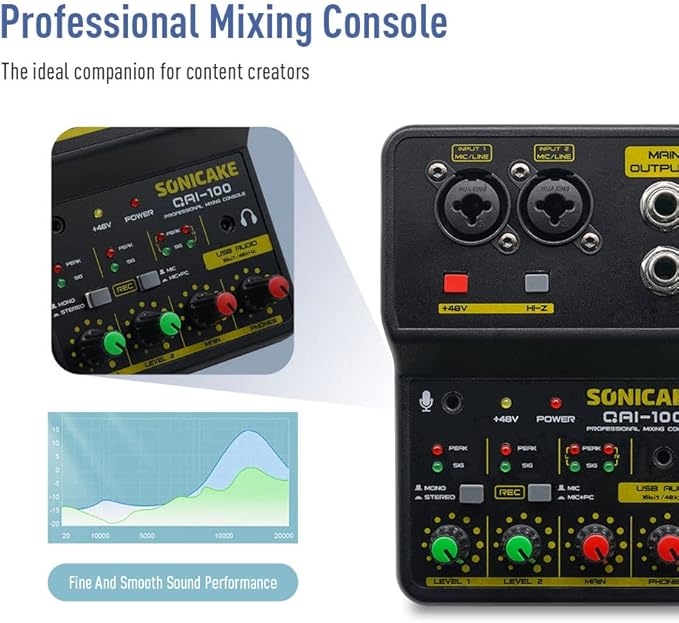 SONICAKE Audio Mixer, Portable USB Mini Sound Board Console, 2 Channel with Sound Card, 48V Phantom Power Compact DJ Mixers for PC & Music Recording, Live Streaming, Podcasting, KTV, Karaoke