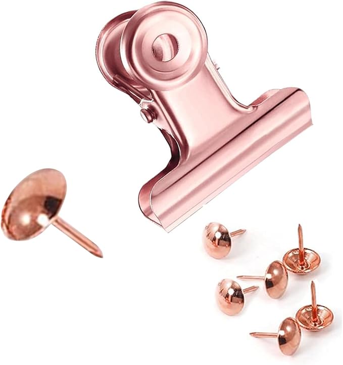 YUCHIYA 32 Pack Bulldog Clips with Push-pins for Corkboard,Metal Clips for Crafts, Metal Binder Clips for Pictures, Spring Paper Clamps for Office Documents (Rose Gold,0.85inch)