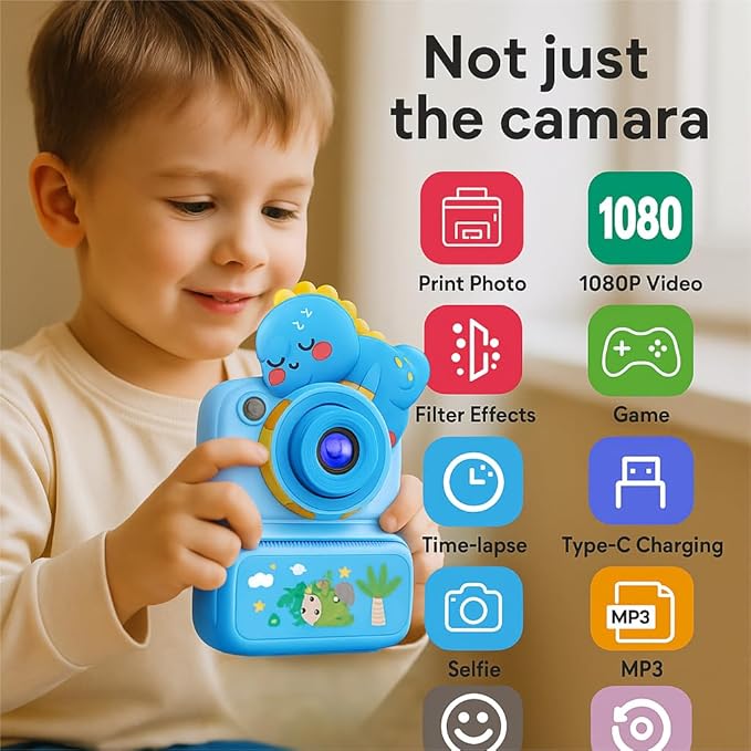 Kids Instant Print Camera, 2.4" HD Screen Instant Camera, Dual 3MP Kids Camera, 1080P Video, MP3 & Games, Includes Printing Paper & Lanyard, Gift for Boys & Girls (Pink-Color Printing)
