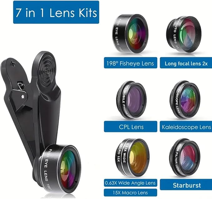 Phone Camera Lens Kit 7 in 1, Fish Eye + Wide Angle + Macro Camera Lenses, Cell Phone Len Attachments Accessory for iPhone, for Samsung, for Android Smartphone