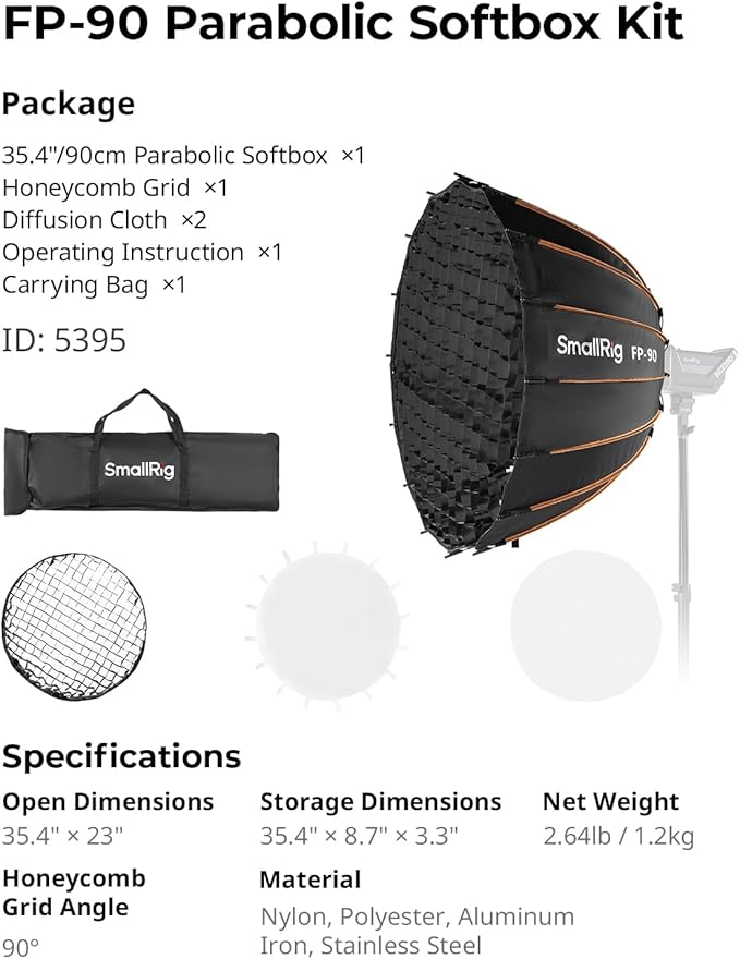 SmallRig FP-90 35.4" Parabolic Softbox with Bowens Mount for Studio Photography, Quick Release Soft Box with Honeycomb Grid, Diffusers, for SMALLRIG RC 220 pro, for Neewer for Godox for Aputure - 5395