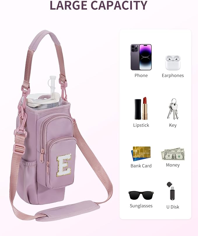 sportsnew Birthday Gifts for Women Personalized Initial Water Bottle Holder with Strap fits most 40oz Tumbler with Handle Water Bottle Carrier Bag with Phone Pocket & Straw Topper Tumbler Accessories