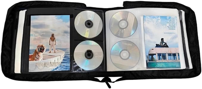 DVD CD Storage Case with Extra Wide Title Cover Pages for Blu Ray Movie Music Audio Disk (Portable Carrying Binder Holder Wallet Album Home Organizer Shelf)- Black, 128 disk units, 64 cover pockets