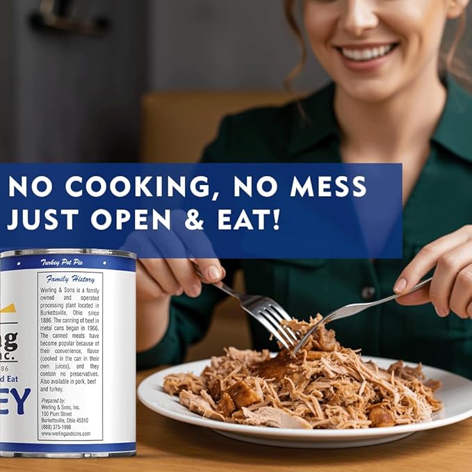 Werling & Sons Fully Cooked Canned Turkey Meat 14.5 Oz Heat & Eat Premium Quality Recipe Ready Canned Meat for Everyday Quick Meals, Camping, Emergency Canned Food & Survival Preparedness Pack of 12