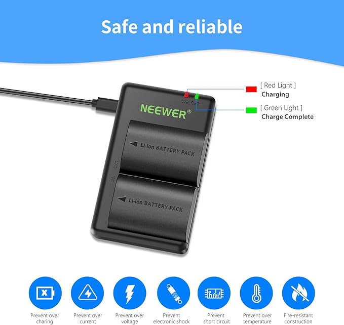 NEEWER Replacement Battery and Charger Set for LP-E6NH, Compatible with Canon EOS R7, R5, R6, 5D II, 6D, 7D, 70D, 80D, 90D, 2-Pack 2250mAh Batteries and Dual Channel USB Charger