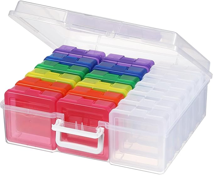 Novelinks Stackable Plastic Clear Storage Box Containers with Latching Lid - Art Craft Supply Organizer Storage Containers for Pencil Box,Crayon, Jewelry (12 Pack Colorful+6 Pack Clear-Small)