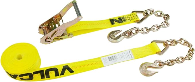 VULCAN Ratchet Strap with Chain Anchors - 2 Inch x 30 Foot - Classic Yellow - 3,600 Pound Safe Working Load