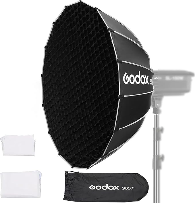Godox Softbox S65T+Grid Bowens Mount 25.6in/65cm Quick Release Umbrella Softbox with Grid Bowens Mount - Portable Versatile Precise Control - Ideal for Studio Photography Live Streaming and Travel