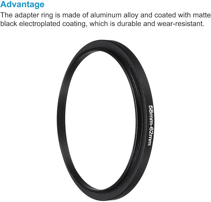 PATIKIL 58mm-62mm Metal Step Up Ring with Cleaning Cloth, 2 Pack Camera Lens Filter Adapter Ring Aluminum Filter Adapter Ring for Camera Lenses Hood, Black