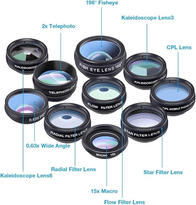 Apexel Phone Camera Lens-Macro Lens+Wide Lens+Fisheye Lens+Telephoto Lens+CPL/Flow/Radial/Star Filter+Kaleidoscope 3/6 Lens 10 in 1 Lens Kit +Remote Shutter for iPhone, Samsung,LG and Most Smartphones