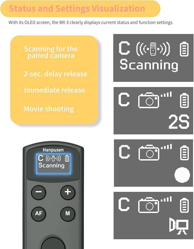 Hanpusen Rechargeable Camera Remote Control for Canon - Wireless Shutter Release with OLED Screen Compatible with R10, R8, R6 II, R100, R50, M50, SL3, R3, R5, R6, RP, R;Replaces Canon BR-E1(Black)