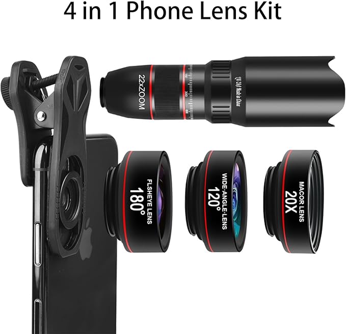 Cell Phone Camera Lens Kit, 6 in 1 Phone Lens Kit, 22x Telephoto Lens, 180° Fisheye Lens, 120° Super Wide-Angle Lens, 20x Macro Lens with Tripod & Universal Clip for iPhone Android Smartphone