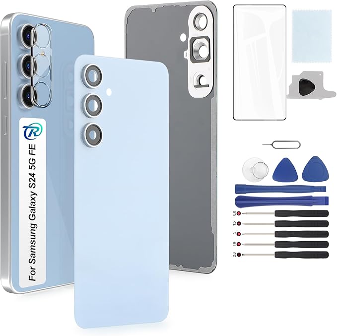 for Samsung Galaxy S24 FE Back Glass Replacement for Samsung S24 FE 5G SM-S721 Rear Glass Replacement Battery Cover Housing Door Accessories Parts with Repair Tools (Blue)