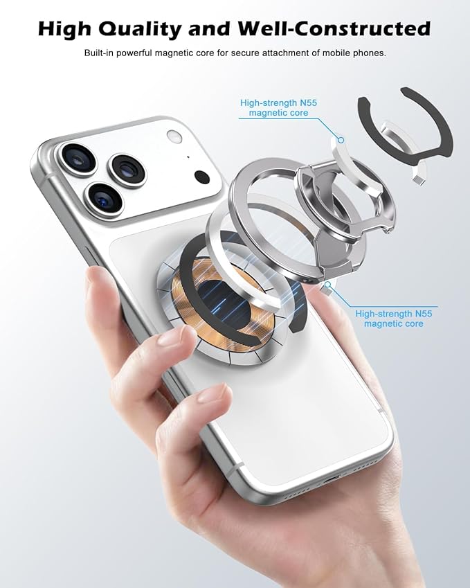 CloudValley for Magsafe Phone Grip Holder - Adjustable Dual-Sided Magnetic Finger Ring Stand 4-in-1, Compatible with iPhone 17/16-12 & MagSafe Car Mounts