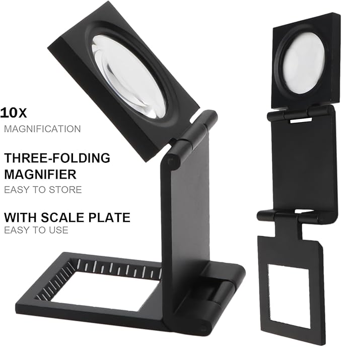 Rongon Magnifying Glass 10X Small Loupe Magnifier 4Pcs Folding Magnifiers Glass Zinc Alloy Loupes Desktop Portable Metal Reading Magnifier Lens with Scale Optical Lens for Textile Jewelry Coins