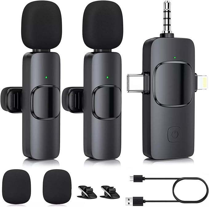 Wireless Microphone for iPhone, Camera, USB-C Mini Microphone 3 in 1, Professional Mini Mic with Noise Reduction, Lavalier, Lapel Mic for Video/Vlog/TikTok/YouTube