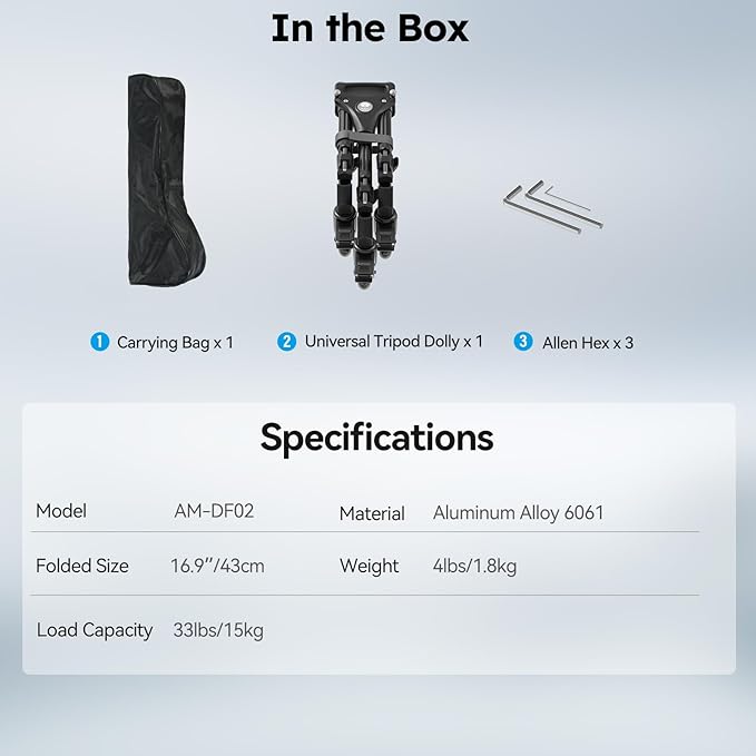 SIRUI Photography Tripod Dolly, Heavy Duty Universal Tripod Wheels with 3" Rubber Wheel, Adjustable Legs, 33lbs Capacity for DSLR Cameras Camcorder Photo Video Lighting (AM-DF02)