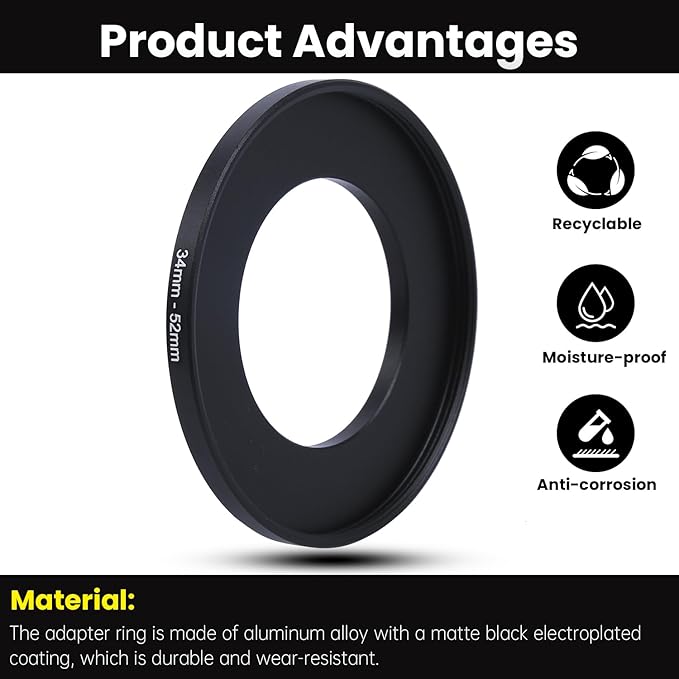 Metal Step Up Ring Filter Adapter - 34mm to 52mm - Metal Ring Step Up Rings Adapter Filter Compatible with All 52mm UV, CPL, ND, Lens Hood, Threaded Lens ect