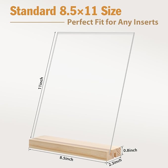 xydstay 2pack 8.5x11 Acrylic Sign Holder with Wood Base for Picture Frames,L/T Shape Double Slot Design for Vertical or Slant Back Display, for Restaurant, Office, School, Store and Home Use
