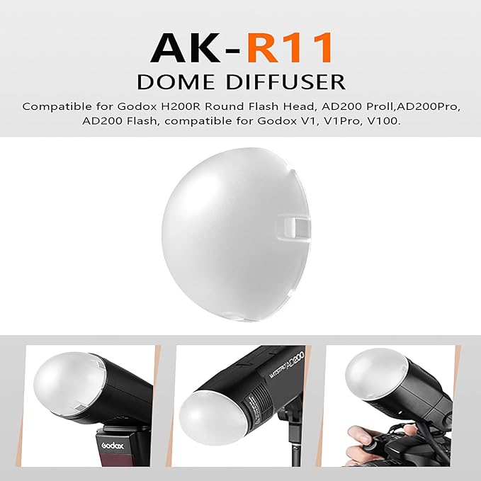 AK-R11 Dome Diffuser for V1 Pro V1 Flash, AD100Pro, Such as V1-S/V1-C/V1-N/V1-F/V1Pro-C/V1Pro-S/V1Pro-N/V1Pro-F/V1Pro-O, Use with Godox H200R Compatible for AD200 AD200 Pro II