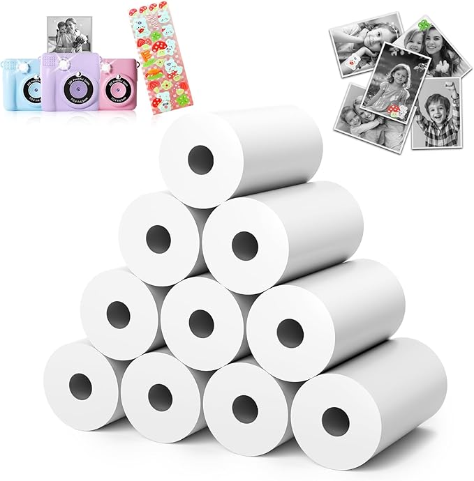 10 Rolls Kids Camera Paper Roll Refill - HD kids camera instant print paper, 55x25mm Print 180 Sheets with Cute Stickers, Scratch-Resistant, BPA Free, Suitable for 99% of Instant Print Camera for Kids