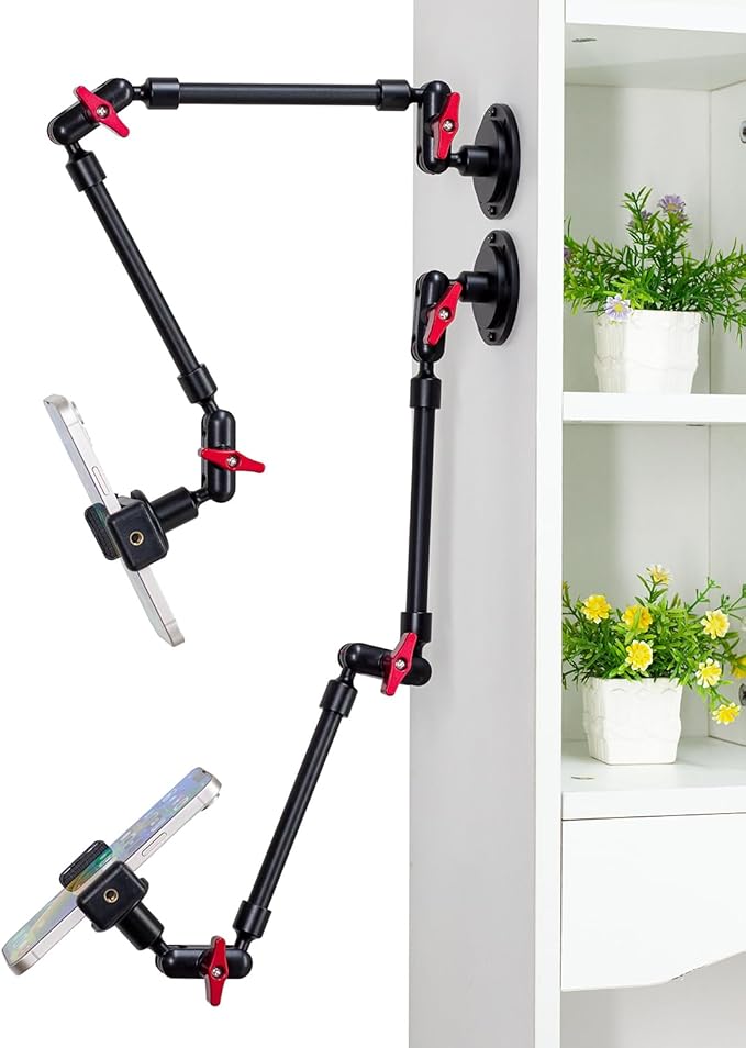 23'' Metal Base Magic Arm Phone Mount - Wall Screw-Mounted, 1LBS Load, 360° Rotatable for Live Stream/Office/Video Recording