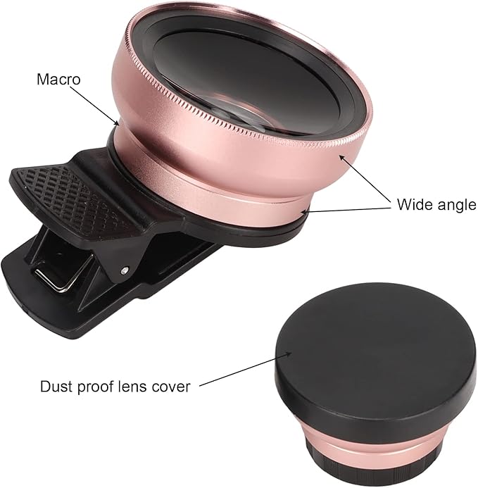 Phone Camera Lens, 2 in 1 Phone Lens Kit, 0.45X Ultra Wide Angle and 12.5X Macro Lens, with Travel Case, HD Professional Universal Clip Lens Kit for Most Smartphones, Tablets(Rose Gold)