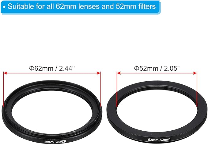 PATIKIL 62mm-52mm Metal Step Down Ring with Cleaning Cloth, 2 Pack Camera Lens Filter Adapter Ring Aluminum Filter Adapter Ring for Camera Lenses Hood, Black