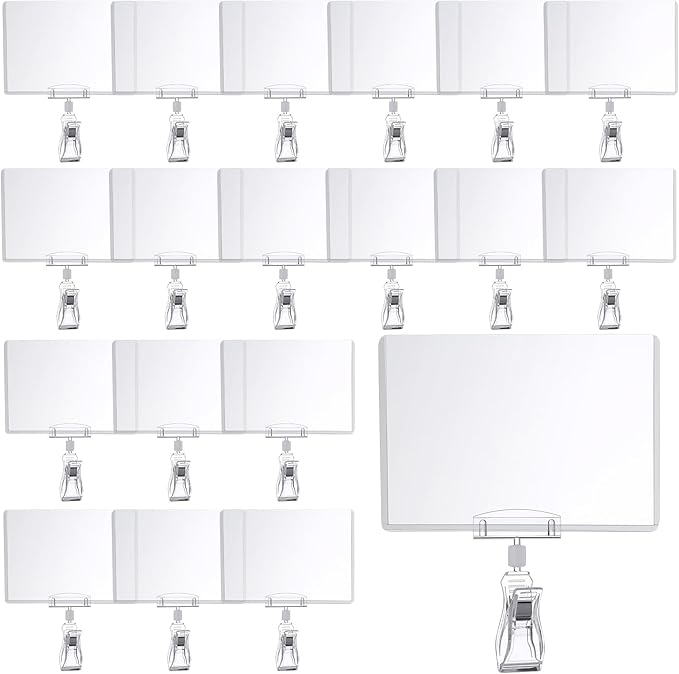 Epakh 20 Pieces Sign Clips Rotating Price Tag Clip Swivel Sign Holder for Handrails or Tubes with 20 Pieces Hard Card Sleeves PVC Card Protector for Shelves Store Supermarket(Sector Style)