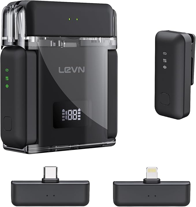 LEVN Wireless Microphone for iPhone/Android/PC, USB-C/Lightning Plug & Play, AI Noise Cancel, 328ft Range, 30H Battery Life with Charging Case, iPhone Microphone for TikTok, YouTube, Vlogging