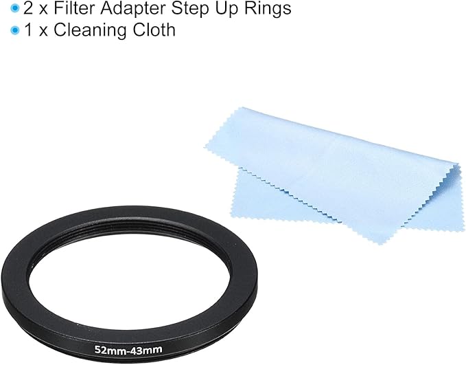 PATIKIL 52mm-43mm Metal Step Down Ring with Cleaning Cloth, 2 Pack Camera Lens Filter Adapter Ring Aluminum Filter Adapter Ring for Camera Lenses Hood, Black