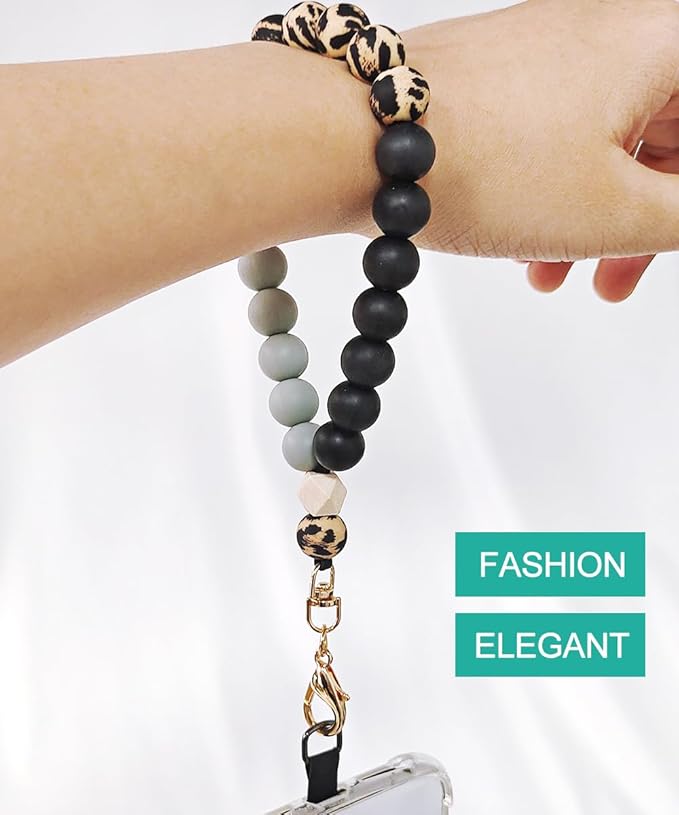Marble Silicone Beaded Phone Wrist Strap, Cellphone Lanyard with Tether Tab, Elastic Hands-Free Wristlet Bracelet