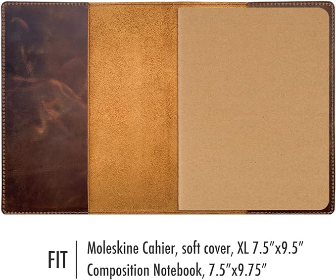 Fan&Ran Leather Journal Cover for Moleskine XL and 7.5"x9.75" Composition Notebooks, Bourbon Brown 8.25"x10.5"