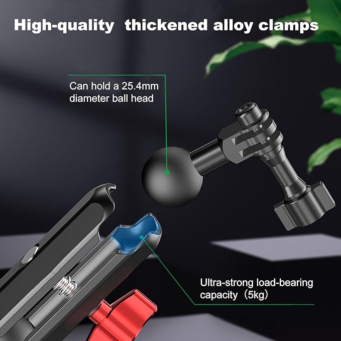 Clamp Mount for Action Camera, Super Camera Clamp Mount with Double Ball Head Magic Arm Fit for DJl,Go pr0, lnsta36o X5 X4 X3，Motorcycle Rearview Mirror Mounts & Aluminum Alloy - 360°Rotating, 78004