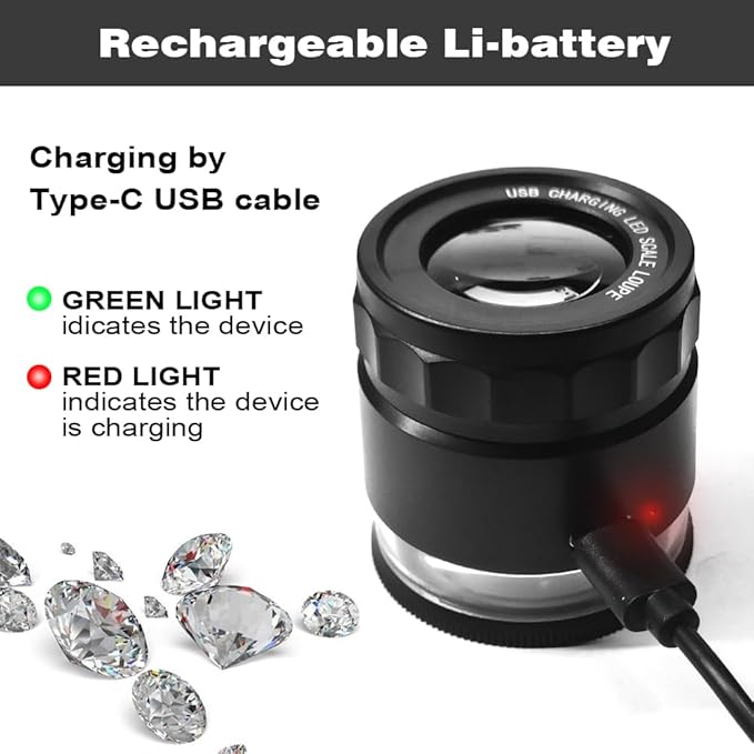 10x Loupe Magnifier Rechargeable Jewelers Loupe with UV and LED Lights, Illuminated Eye Loop Adjustable Focus Jewelry Magnifying Glass with Detachable Reticle Scale for Gemstones Identification