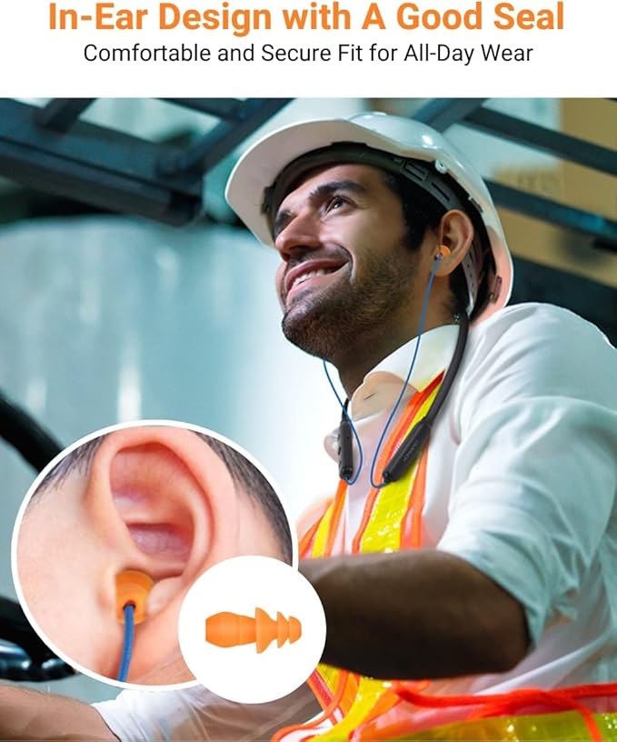 HomeSpot Noise Reduction Wireless Neckband Headphones with Qualcomm aptX HD, 27dB NRR, CVC Noise Cancelling Mic & Controls, 20H Playtime for Work Safety OSHA Compliant - Gray Wire Yellow Earbuds