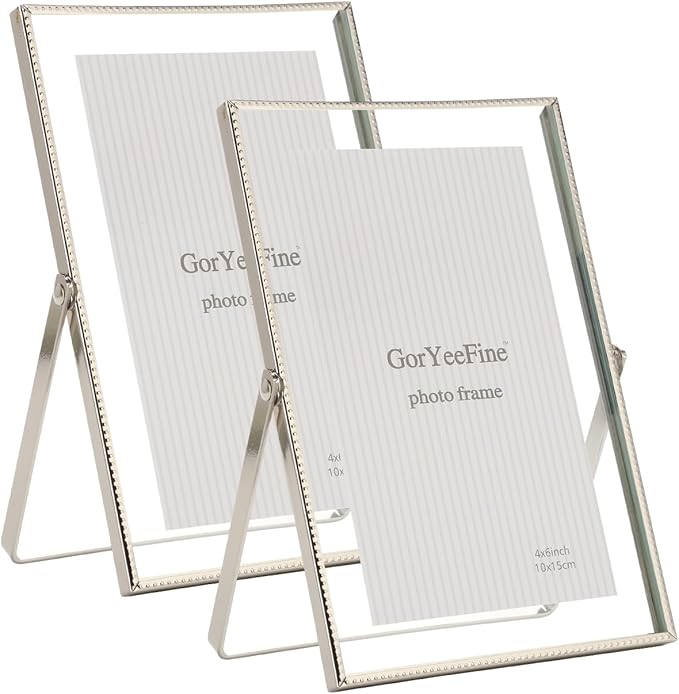 Silver 4x 6'' Floating Frame Set of 2, For Photo Sizes (2x3'', 3.5x 5'' up to 4x6'' ), Beautiful Metal Lace Edge Frames Adjustable Tabletop/Shelf Photo Frame, Classy Gift Choice for Wedding,
