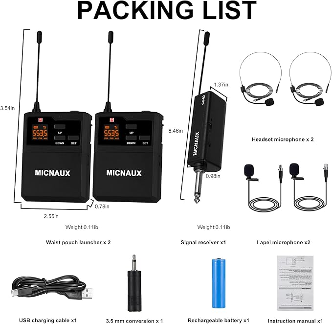 Wireless Lapel Microphone System with Headset & Lavalier Mics, Dual Bodypack Transmitters, Mini Rechargeable Receiver, 48 Channels in 500MHz UHF Band, 260ft Range for Wedding Speech Church