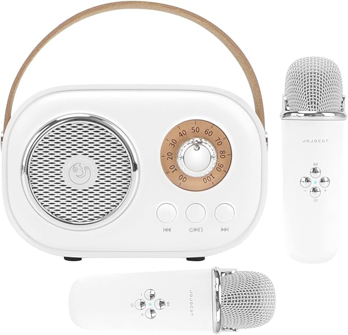 Mini Karaoke Machine for Kids,Portable Bluetooth Speaker with 2 Wireless Microphone,Toys for Girls Boys Gifts,Retro Speaker Set Stereo Sound Enhanced Bass for Home Party Birthday (White)