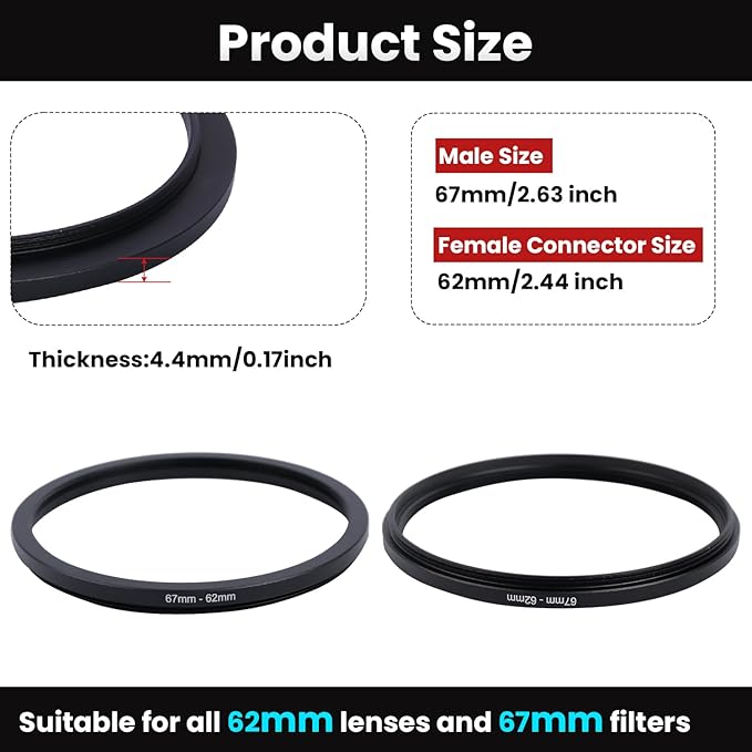 Metal Step Down Ring Filter Adapter - 67mm to 62mm - Metal Ring Step Down Rings Adapter Filter Compatible with All 62mm UV, CPL, ND, Lens Hood, Threaded Lens ect