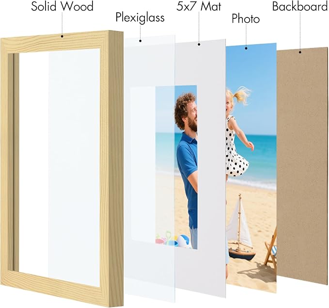Vittanly 8x10 Picture Frame, Made of Solid Wood and Shatterproof Plexiglass, Display Pictures 5x7 with Mat or 8x10 without Mat, Wooden Photo Frame for Wall Mounting or Tabletop, Natural, 1 Pack