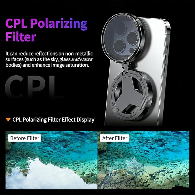 Anti-Glare Magnetic Phone Filter, 52mm Rotatable Expandable Cpl Polarizing Filter, Quick Mount, Reduces Reflections Enhances Colors (2pcs)