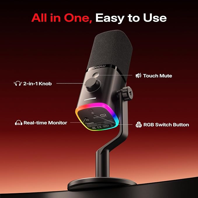 MAONO PD100W Wireless/USB Microphone, PC Gaming Streaming Dynamic Mic with One-Click Noise Reduction,Mute Button,Custom RGB, 3.5mm Headphone Jack, Desktop Podcasting Mic for Computer Phone, Black