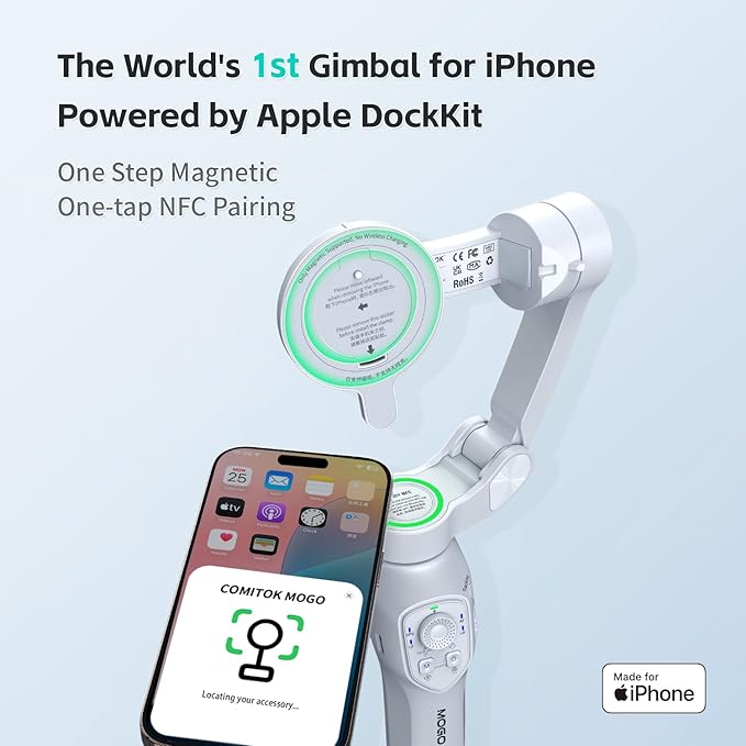 COMITOK Only for iPhone, MOGO [Apple MFi Certified] Gimbal Stabilizer for iPhone Stabilizer for Video Recording, Native Camera Control by Remote & Apple Watch, Background Mode Tracking in iOS26