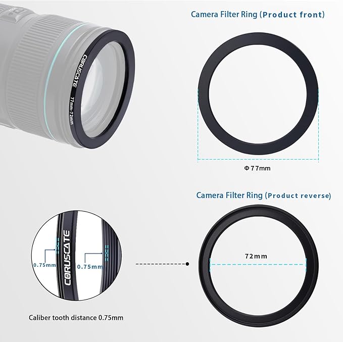 77mm to 72mm Camera Filter Adapter Ring,77mm-72mm Lens Adapter Metal Filter Rings Compatible All 77mm Size Lens and 72mm Thread Size Camera Accessory+1pcs Lens Cleaning Cloth.