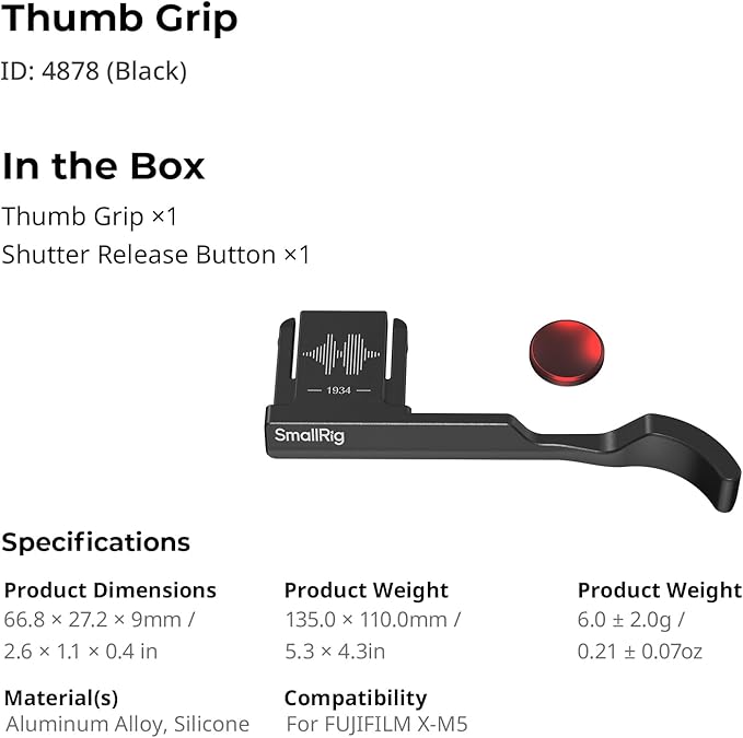SmallRig Thumb Grip with Hot Shoe Cover for FUJIFILM X-M5 (Black) - 4878